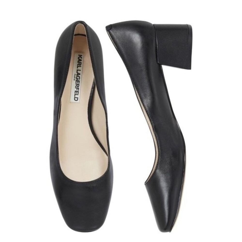 Karl Lagerfeld Paris Black Leather Pumps Square Toe Chunky Block Heel Size 8.5